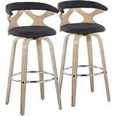 Gardenia 30" Swivel Bar Stool in White Washed Wood & Charcoal Fabric with Chrome Footrest (Set of 2)